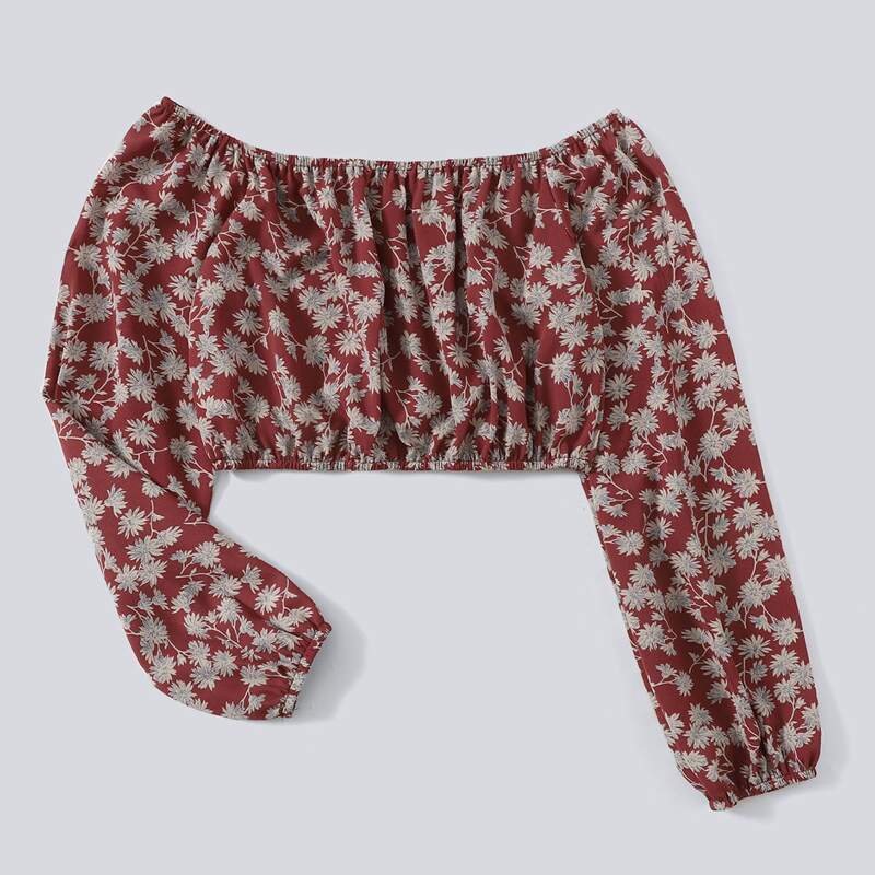 

All Over Print Off Shoulder Crop Top, Redwood