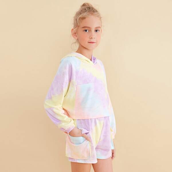 

Girls Tie Dye Raglan Sleeve Hoodie & Flap Pocket Short Set, Multicolor