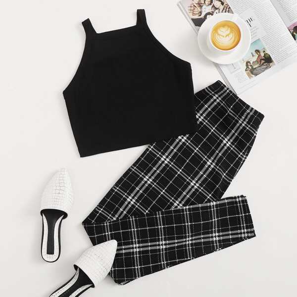 

Solid Crop Halter Top & Plaid Leggings Set, Black