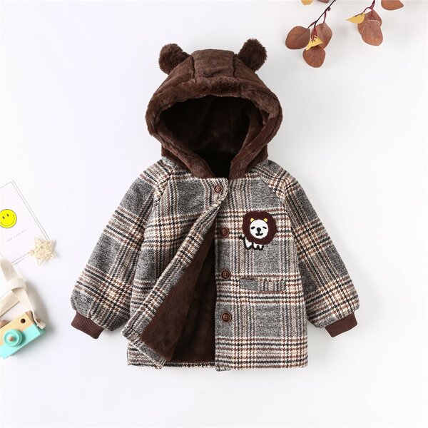

Toddler Boys Cartoon Lion Embroidery Plaid Flannel Lined Coat, Multicolor