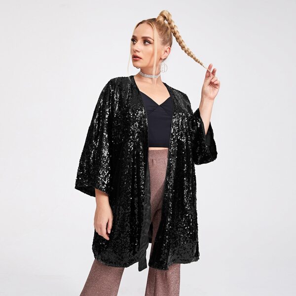 

Plus Open Front Sequin Coat, Black