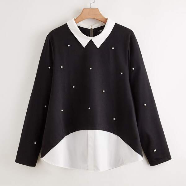 

Plus 2 In 1 Pearls Beaded Contrast Collar Top, Black