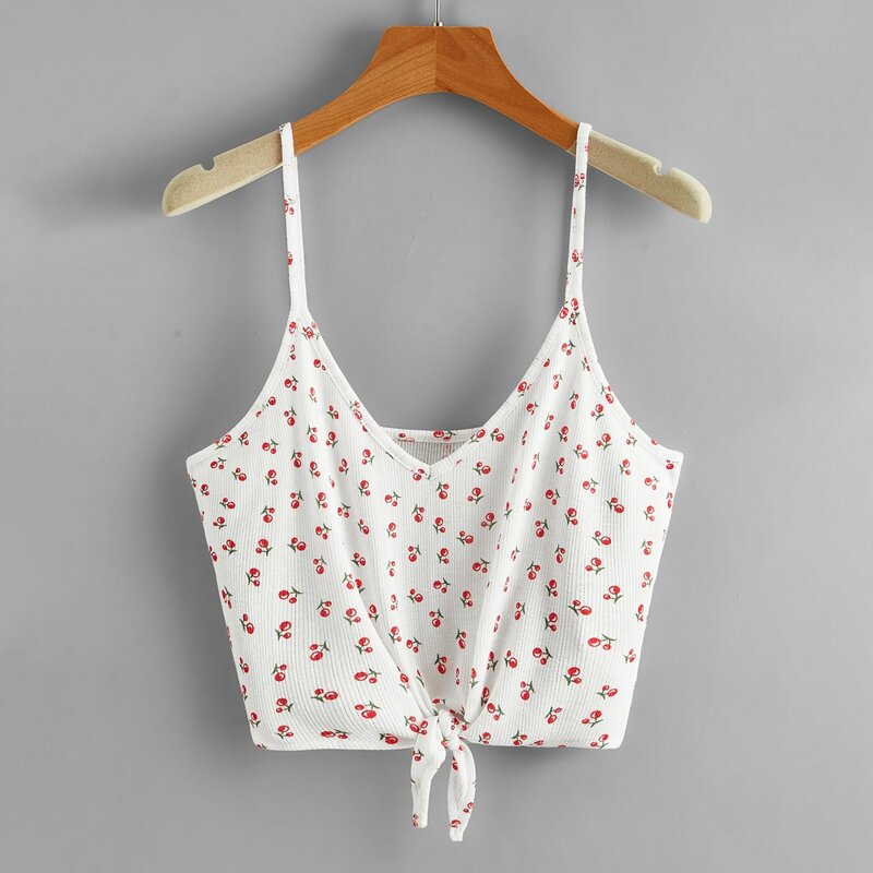

All Over Cherry Knot Crop Cami, White