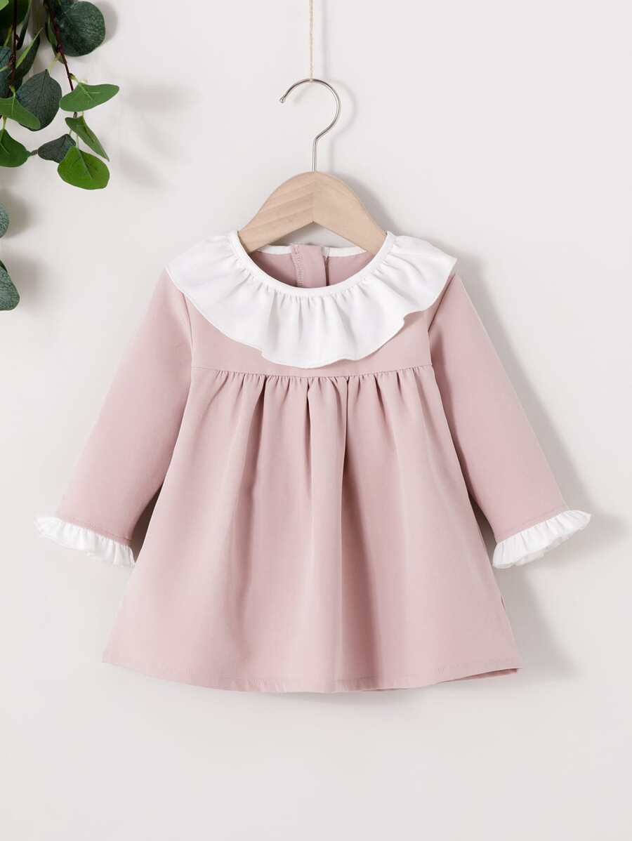 Bebé niña Vestido smock ribete con fruncido - Rosa Pálido - Ver 1