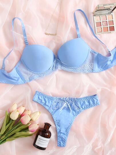 Contrast Kanten Super Push Up BH Slipje Lingerie Set, Kawaii