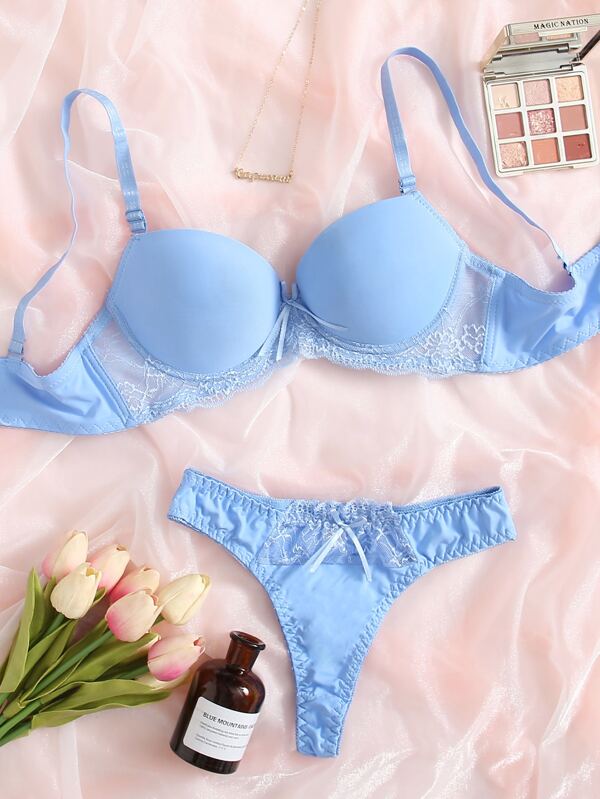 Contrast Lace Super Push Up Bra & Panty Lingerie Set, Kawaii