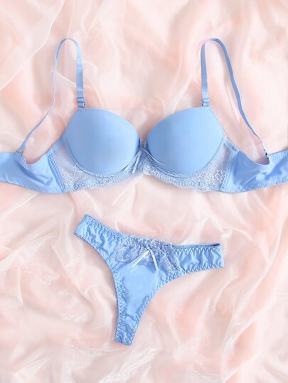 Contrast Kanten Super Push Up BH Slipje Lingerie Set, Kawaii view 3