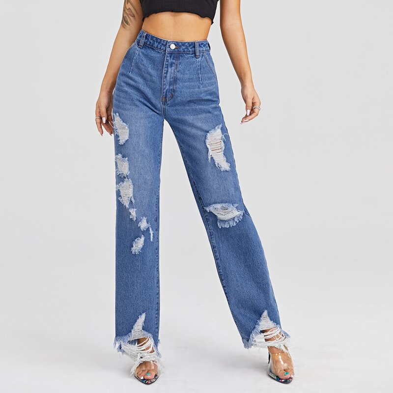 

High Waist Ripped Detail Straight Leg Jeans, Medium wash