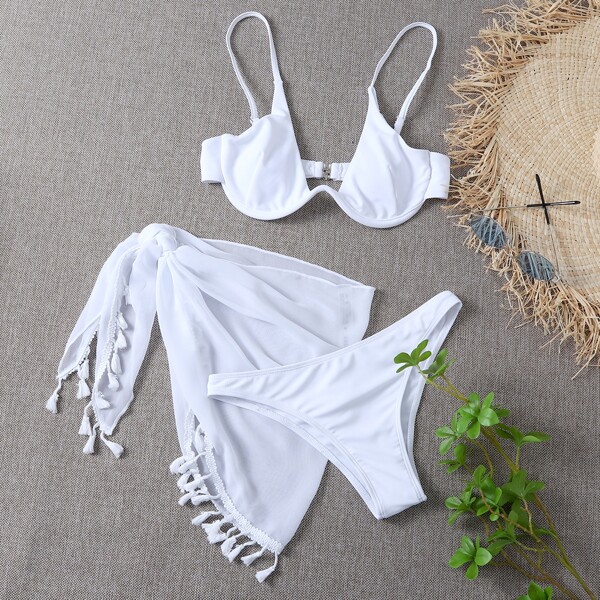 

3pack Mesh Underwired Tassel Decor Bikini Swimsuit, White