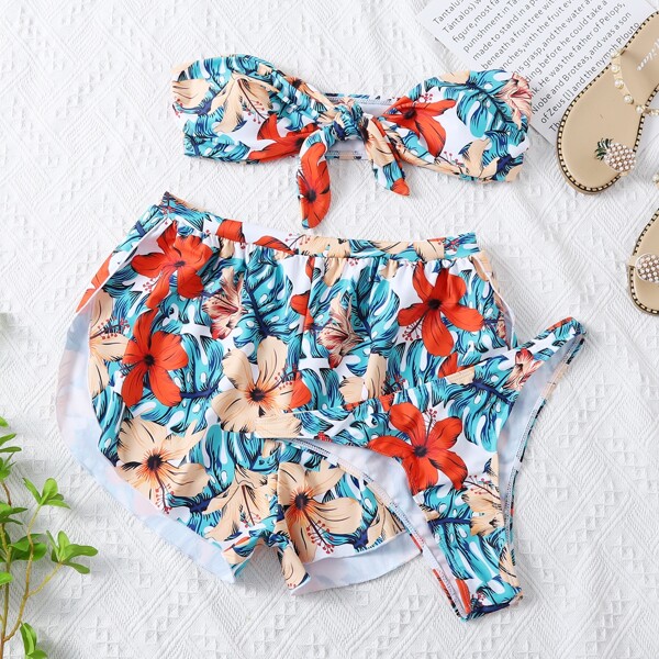 

3pack Floral & Tropical Bandeau Bikini Swimsuit, Multicolor