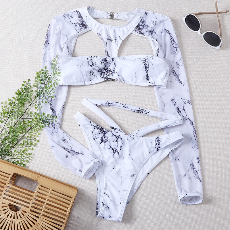 

Marble Print Cut-out Bikini Swimsuit, Black and white