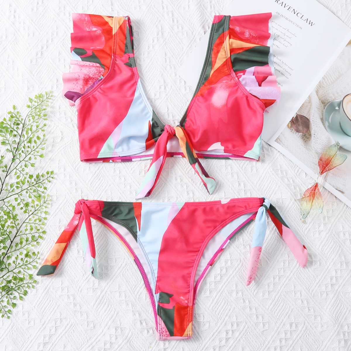 Image of Allover Graphic Ruffle Tie Side Bikini Swimsuit