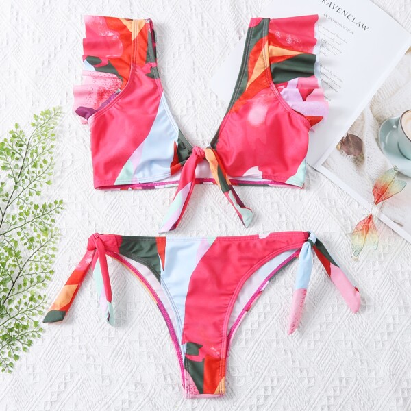 

Allover Graphic Ruffle Tie Side Bikini Swimsuit, Multicolor