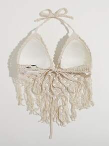 SHEIN Swim Summer Beach Fringe Hem Halter Bikini Top - Beige - View 2