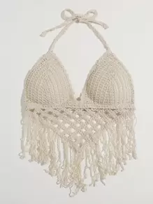 SHEIN Swim Summer Beach Fringe Hem Halter Bikini Top - Beige - View 3