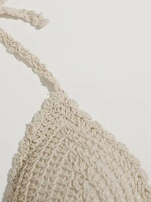 SHEIN Swim Summer Beach Fringe Hem Halter Bikini Top - Beige - View 4