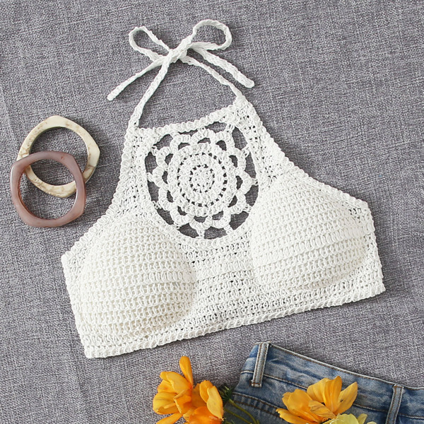 

Tied Backless Crochet Bikini Top, White