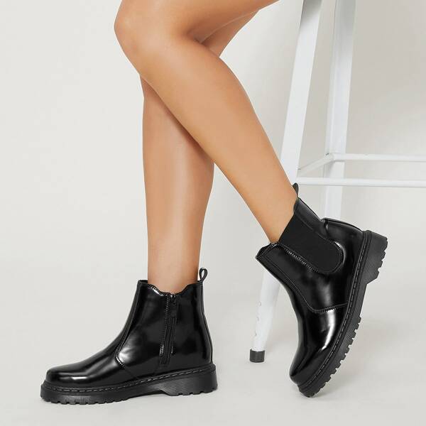 

Faux Patent Leather Chelsea Booties, Black