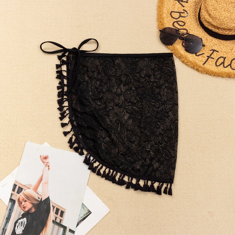 

Floral Lace Tassel Trim Beach Skirt, Black