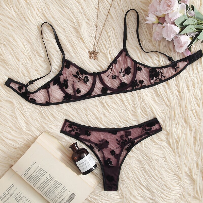 

Floral Print Mesh Underwire Lingerie Set, Multicolor