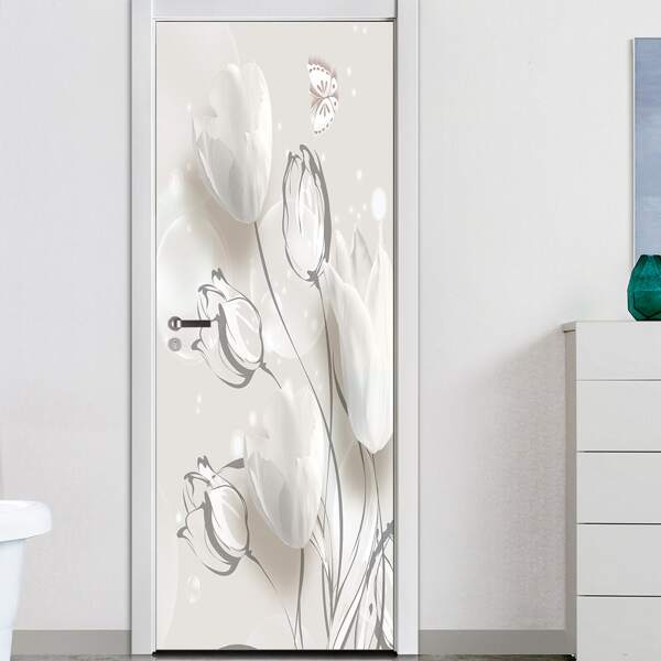 

1set Floral Pattern Door Sticker, White