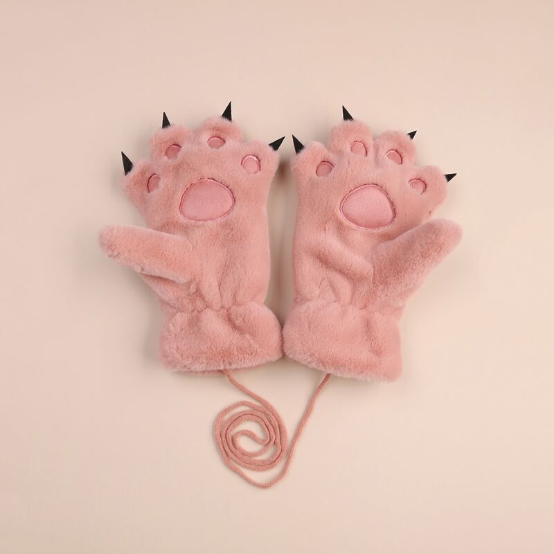 

1pair Fluffy Cartoon Bear Gloves, Pink