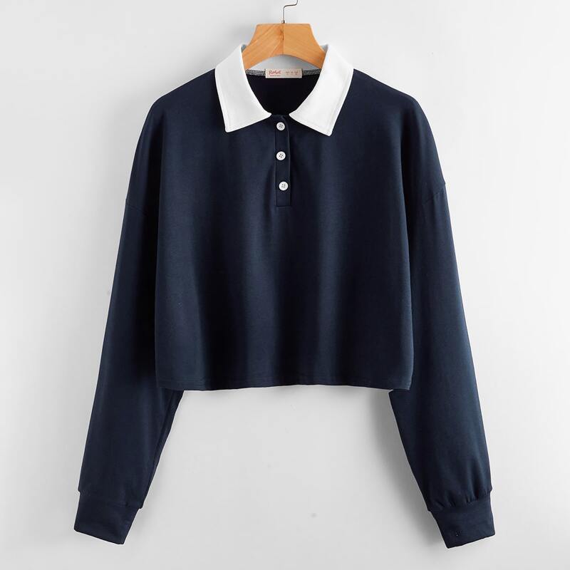 

Polo Neck Drop Shoulder Tee, Navy blue