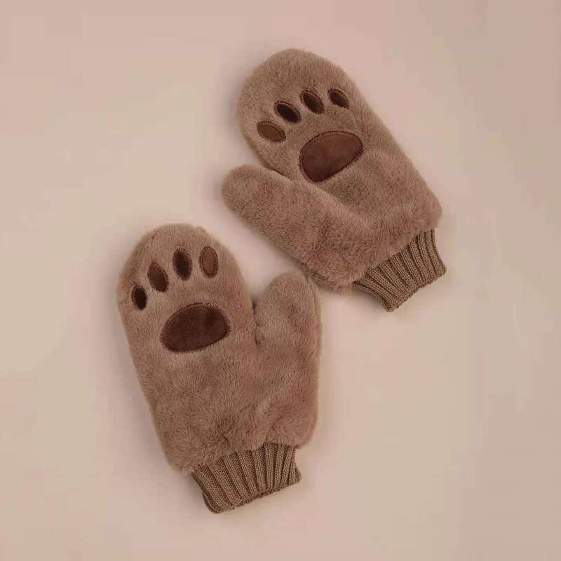 

1pair Fluffy Cartoon Bear Gloves, Brown