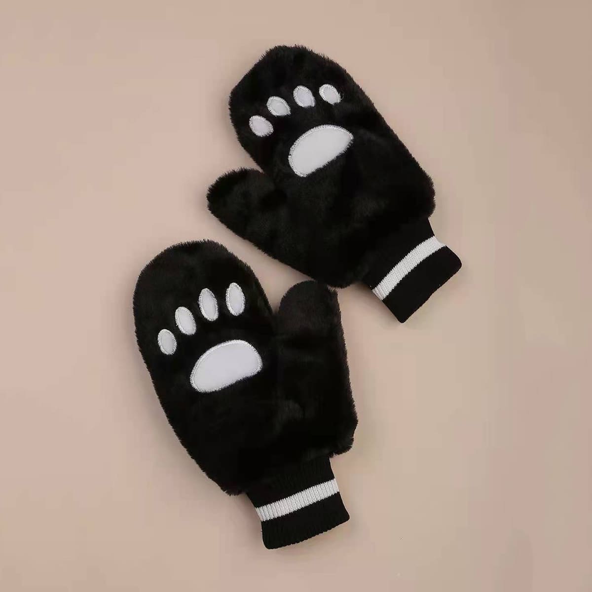 

1pair Fluffy Cartoon Bear Gloves, Black