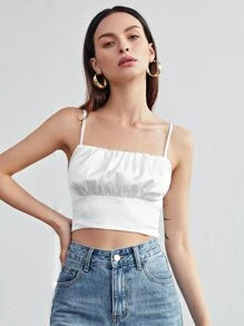 BizChic Ruched Bust Satin Crop Cami Top - White - View 3