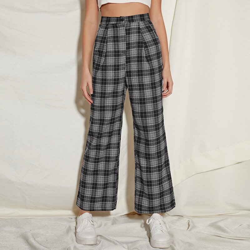 

Button Waist Slant Pocket Plaid Wide Leg Pants, Multicolor