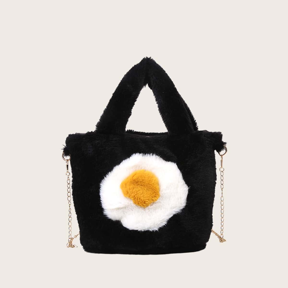 

Colorblock Fluffy Chain Tote Bag, Black