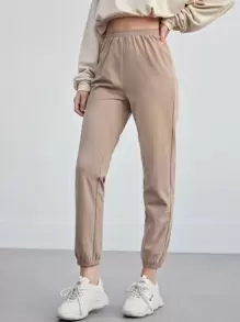 SHEIN BASICS Cotton Cropped Jogger Trousers - Khaki - View 1