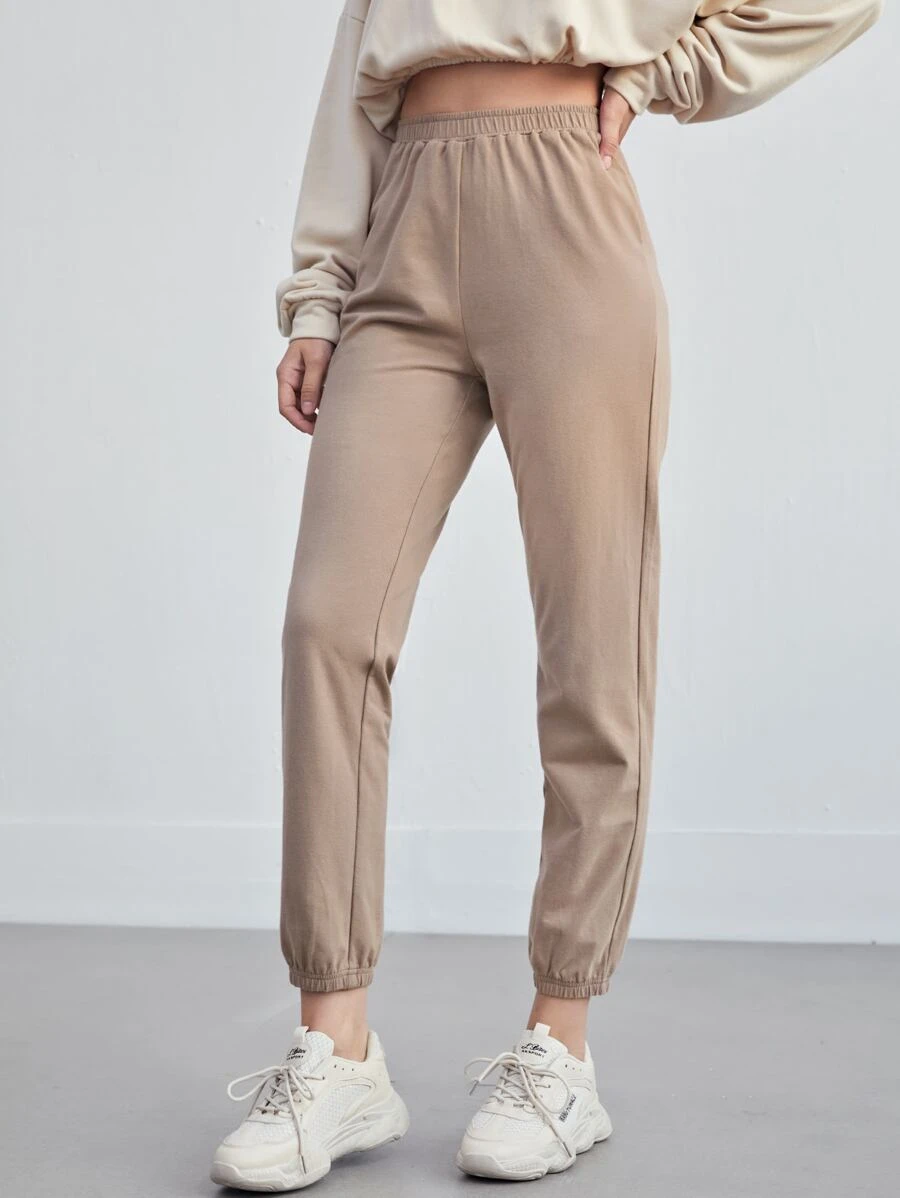 SHEIN BASICS Cotton Cropped Jogger Trousers - Khaki - View 1