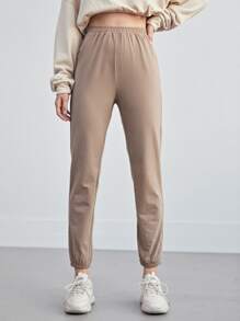 SHEIN BASICS Cotton Cropped Jogger Trousers - Khaki - View 3