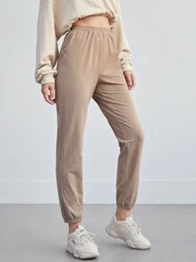 SHEIN BASICS Cotton Cropped Jogger Trousers - Khaki - View 4