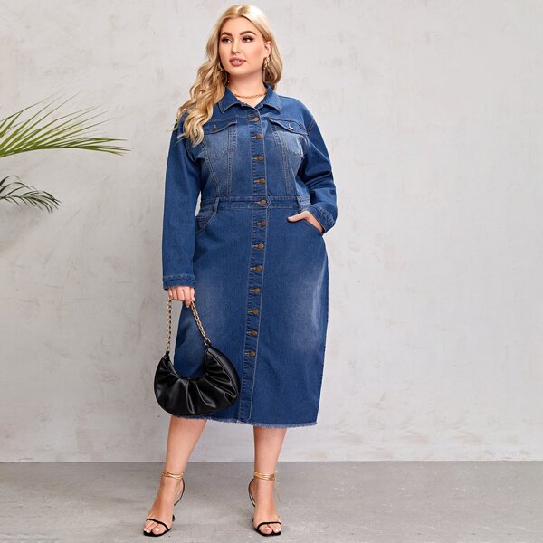 

Plus Flap Pocket Button Front Denim Dress, Dark wash