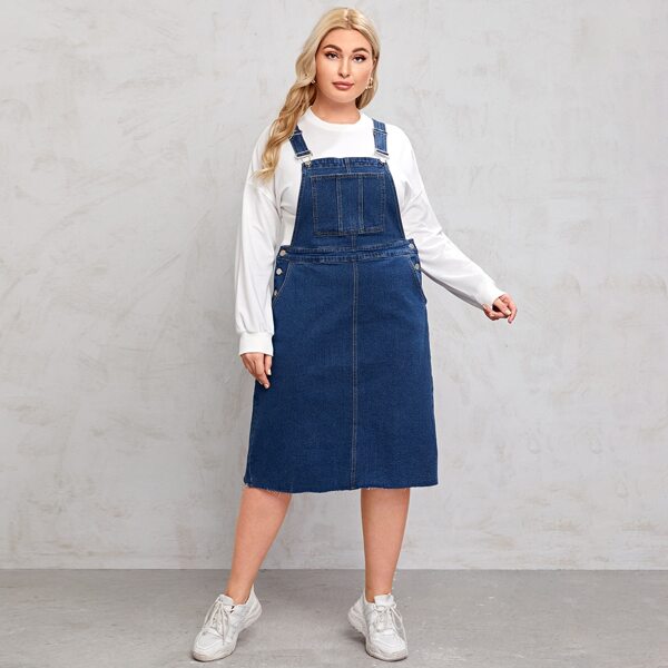

Plus Pocket Front Overall Denim Dress, Dark wash