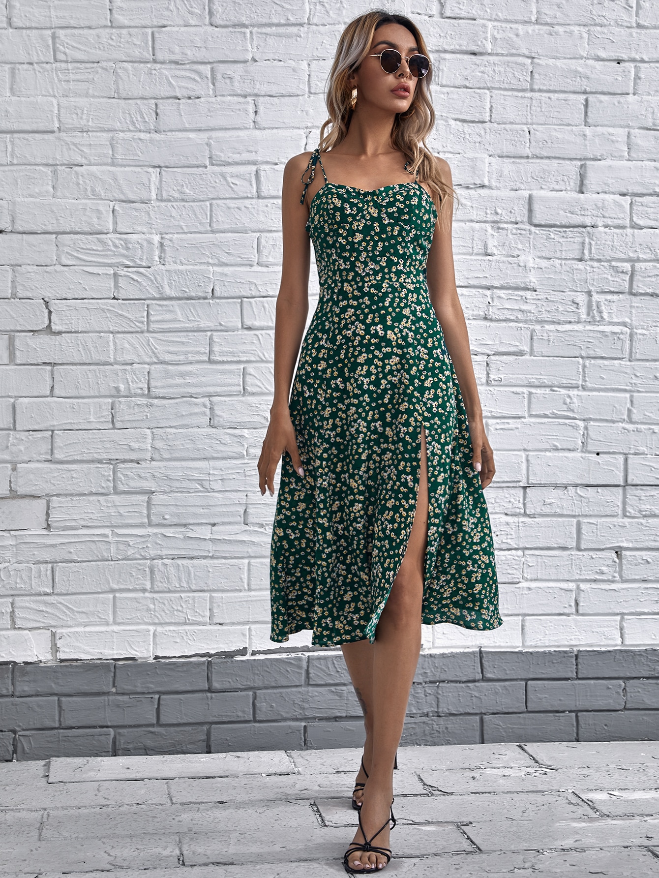 Tie Shoulder Split Hem Ditsy Floral Cami Dress thumbnail