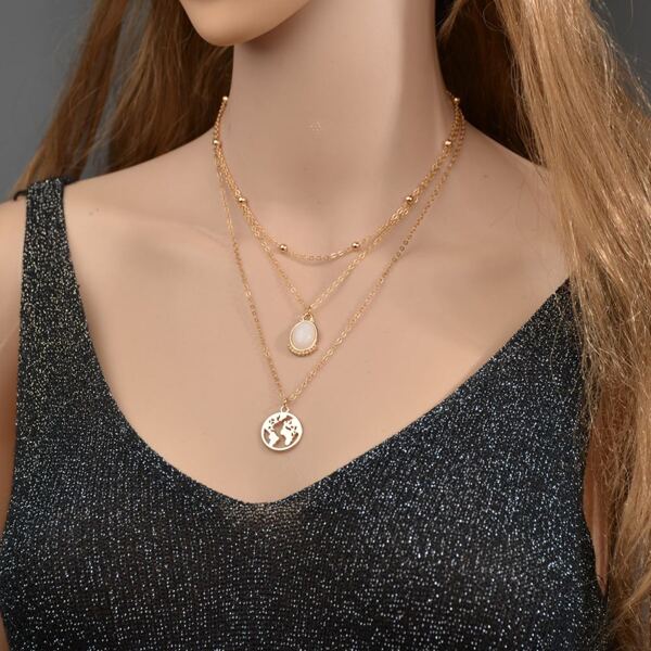 

Map Design Round Charm Layered Necklace, Gold