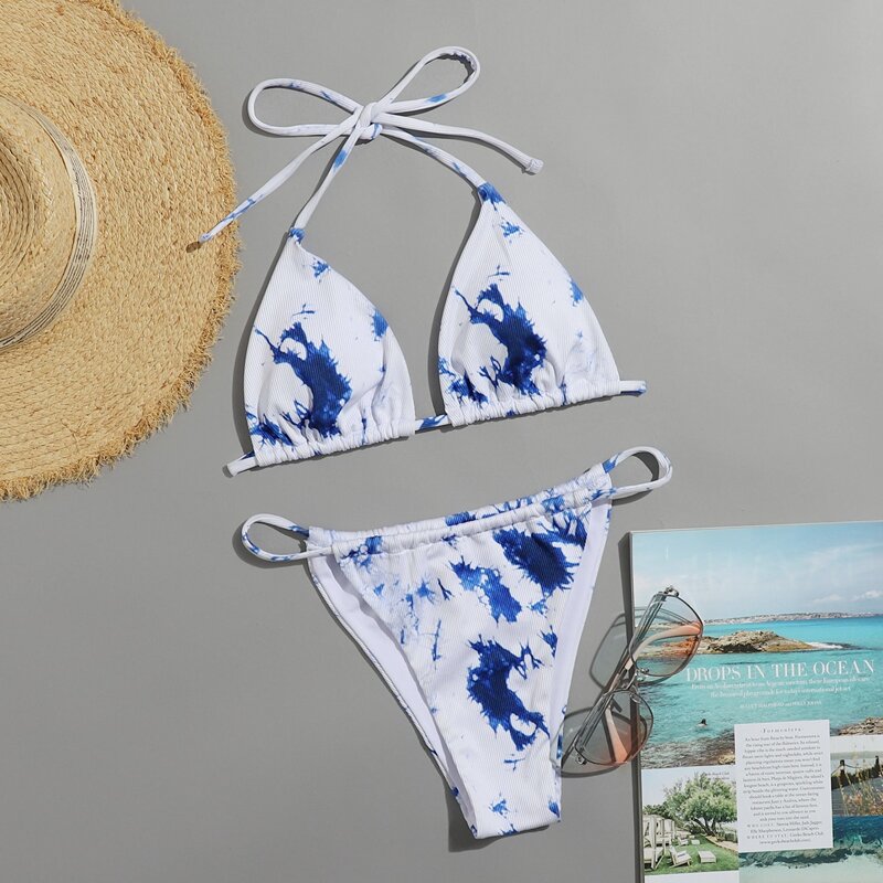 

Ink Print Triangle Bikini Swimsuit, Blue and white
