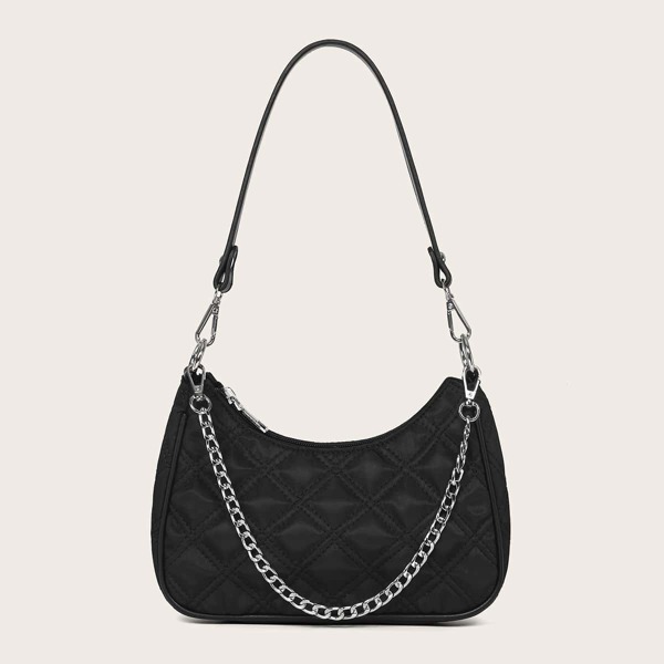 

Quilted Chain Baguette Bag, Black