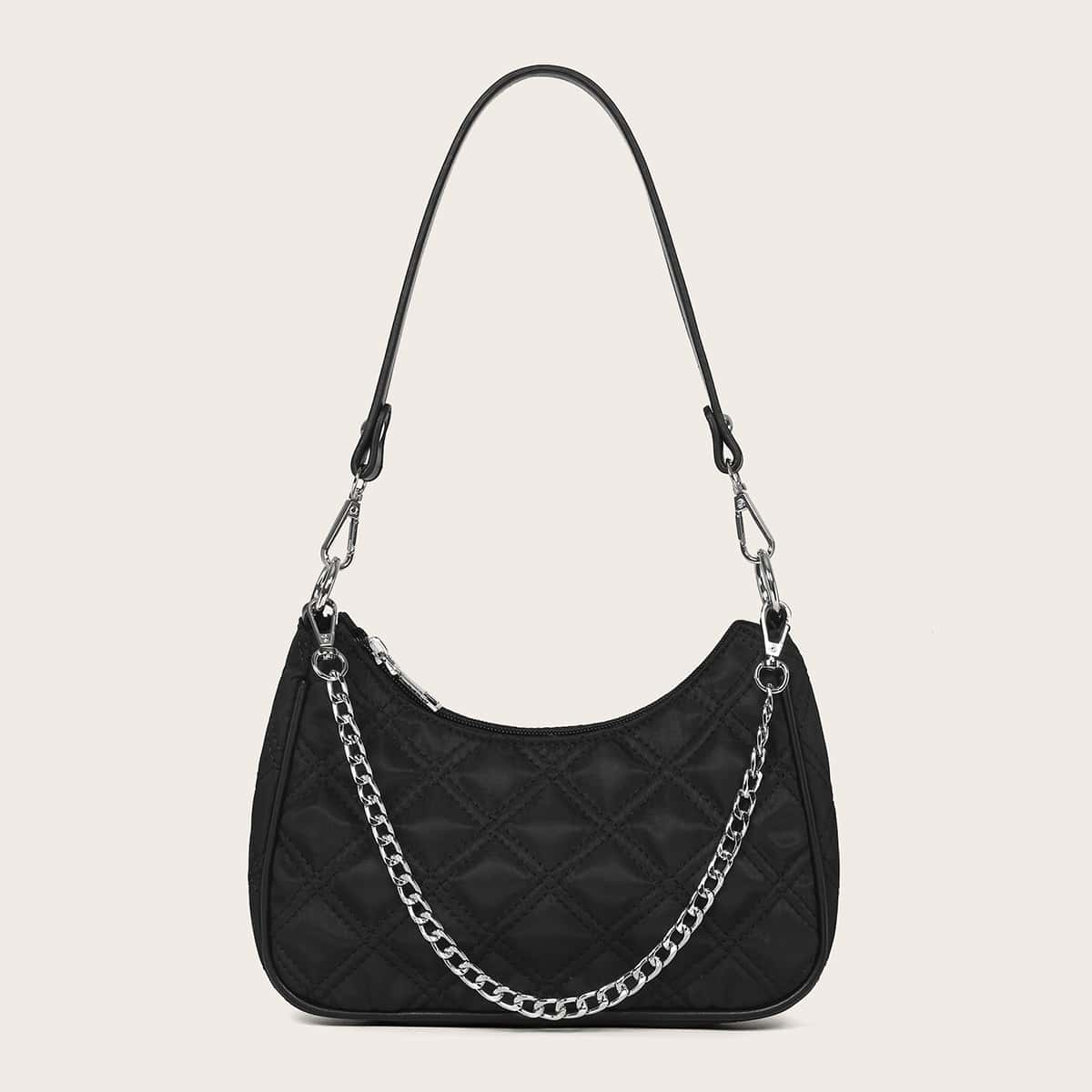 

Quilted Chain Baguette Bag, Black