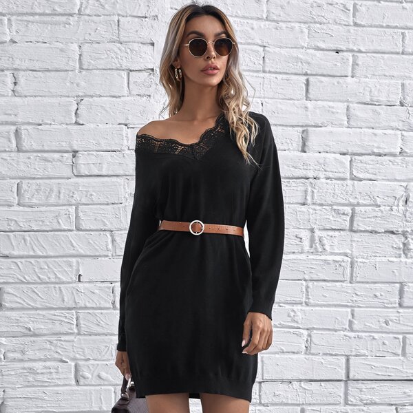 

Contrast Lace Fitted Sweater Dress Without Belt, Black