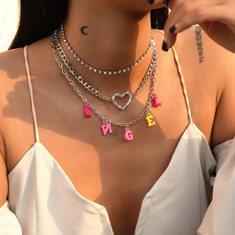 

3pcs Letter & Heart Charm Necklace, Multicolor