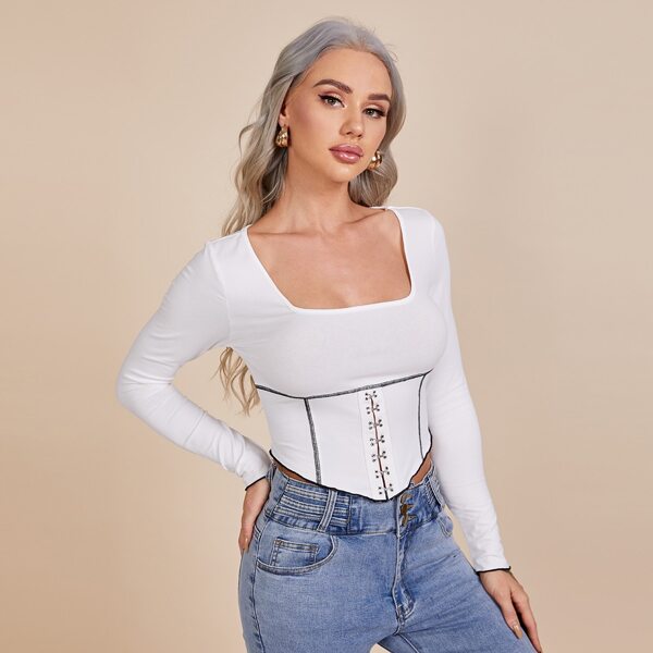 

Square Neck Contrast Stitch Hook and Eye Crop Tee, White