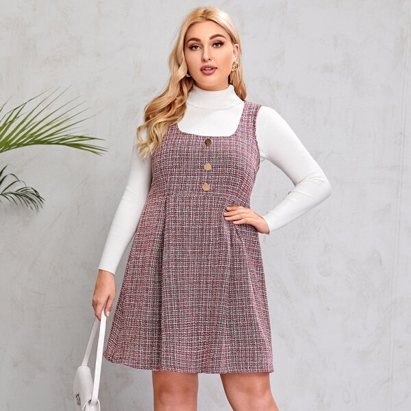 

Plus Button Front Tweed Dress, Multicolor
