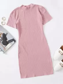 SHEIN BASICS 素色羅紋針織包臀連衣裙 - 藕粉色 - 查看 1