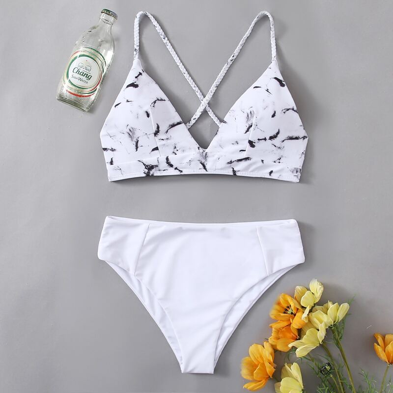 

Marble Print Triangle Bikini Swimsuit, White