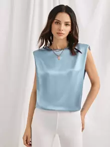 SHEIN Shoulder Pad Satin Top - Dusty Blue - View 1